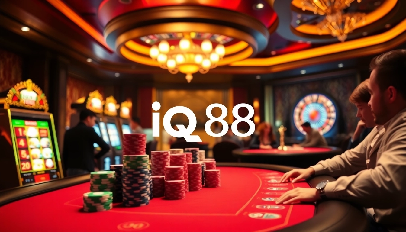 Poker players enjoying a thrilling game at iq88 casino, with vibrant chips and slot machines surrounding them.