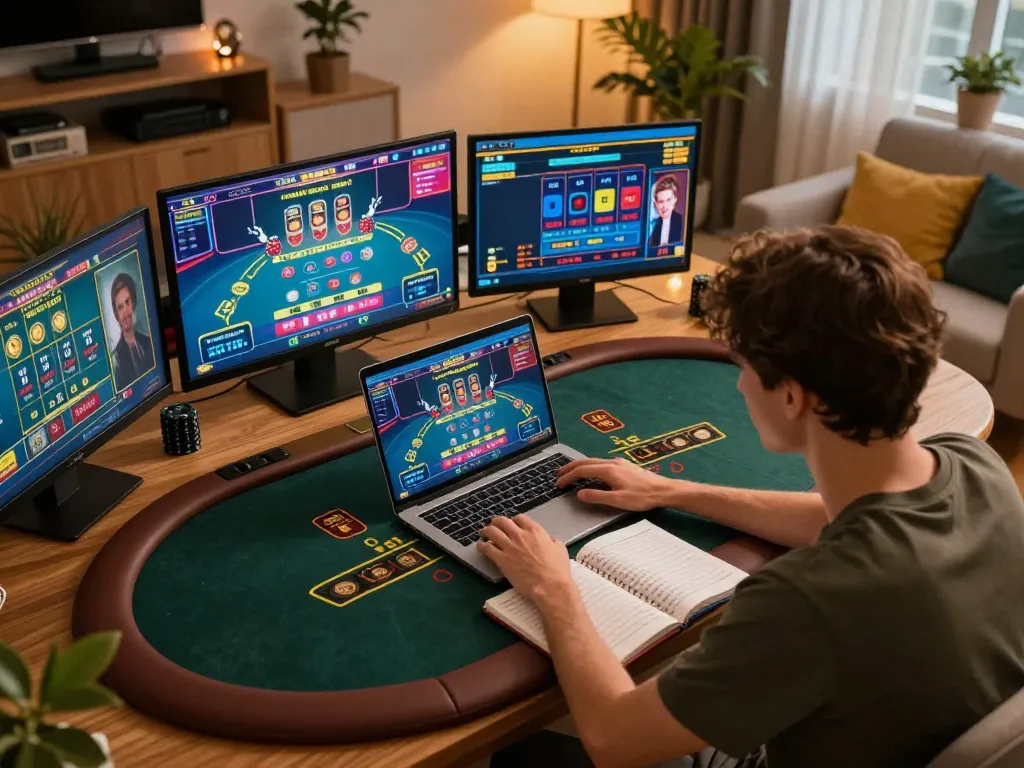 jaeyongkim analyzing winnings during an online blackjack session at home with strategic notes
