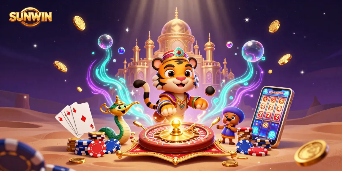 SUNWIN offers exciting casino experiences with 3D characters and dynamic game elements in a vibrant digital illustration.