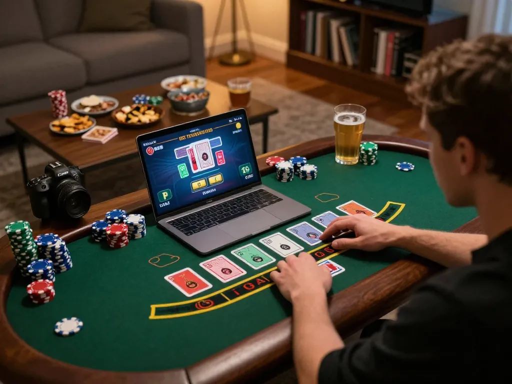 KONG88 player engaged in blackjack at home, laptop screen showing gameplay with cards and chips