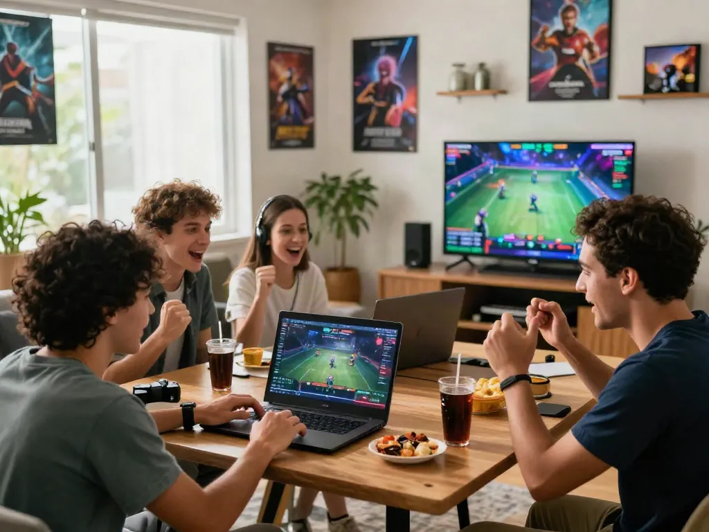 Friends enjoying a gaming session on the 78win platform in a lively living room.