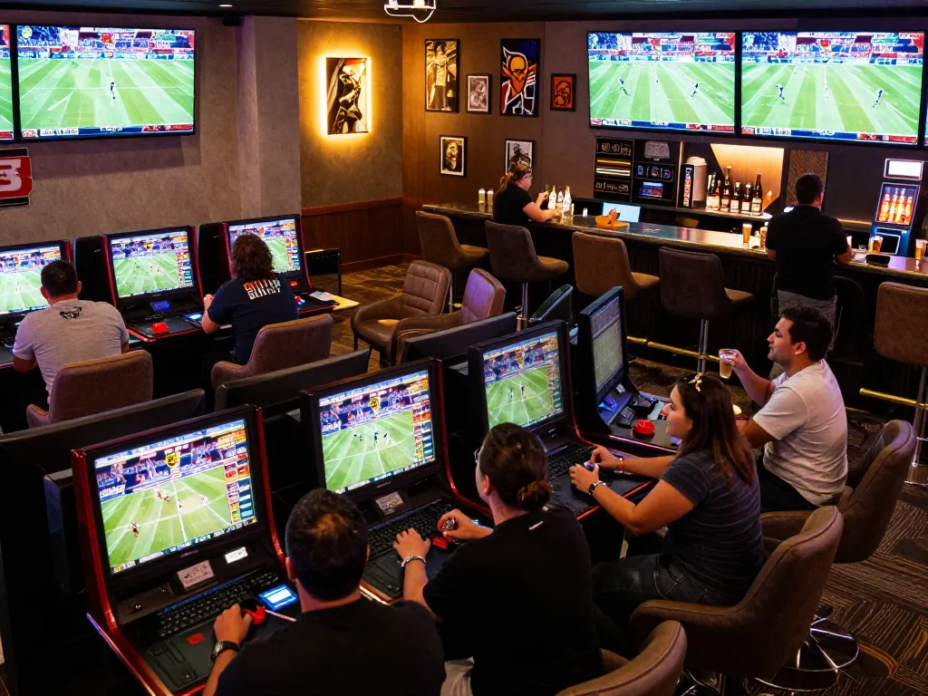 Betting on sports at C168 lounge with patrons engaged and multiple screens showing live games.