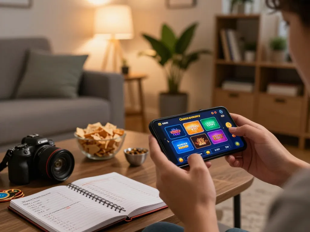 Player engaging with GG88 online casino app on smartphone in a cozy living room setting