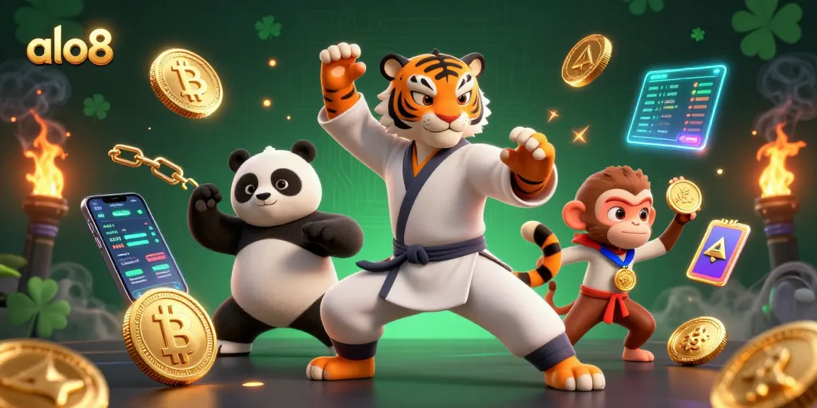Engage with the exciting world of alo8 as a kung fu tiger poses majestically amidst glowing crypto coins and vibrant casino elements.