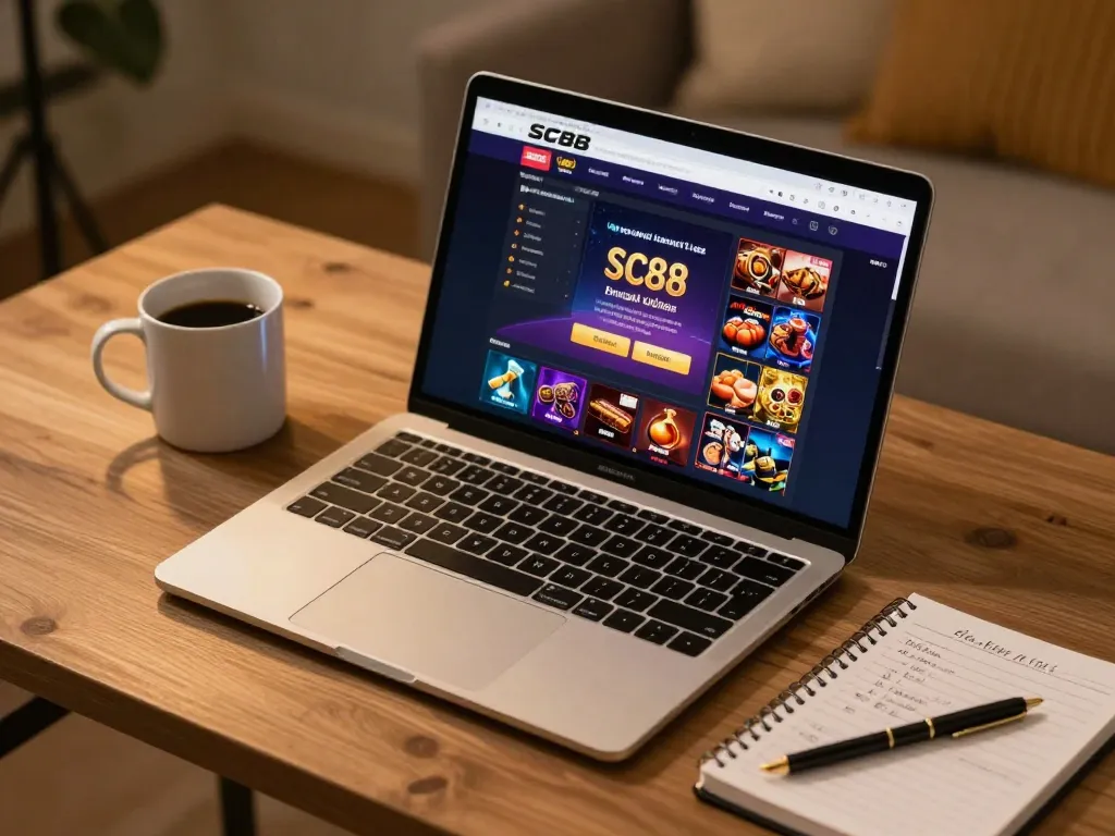 SC88 online casino gaming setup featuring laptop and betting strategies in a cozy atmosphere
