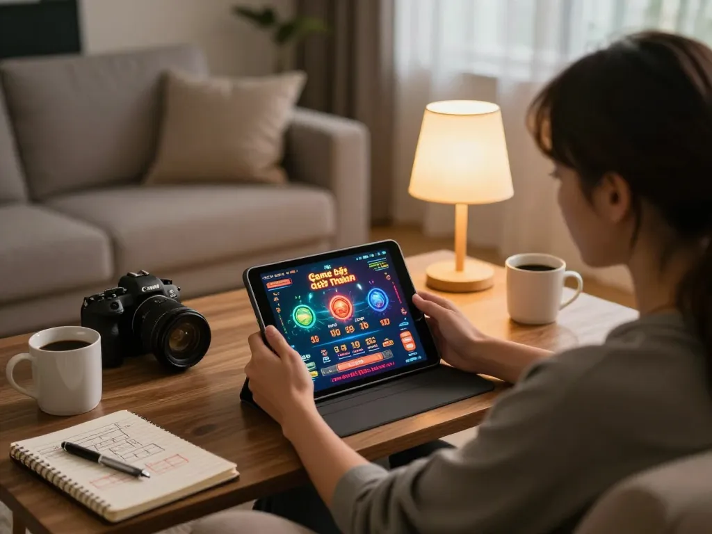 Engaging in Game bài đổi thưởng on a tablet in a cozy living room setting, highlighting strategic gameplay.