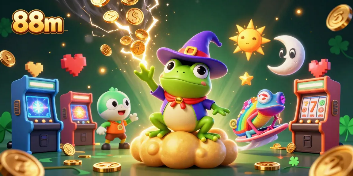 Spin the reels with 88m in a magical casino scene featuring golden coins and vibrant game elements.