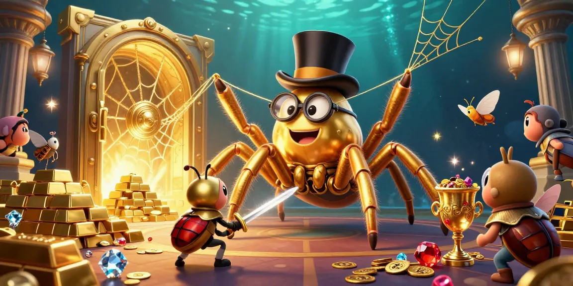 Go8 immersive casino adventure featuring a golden tarantula, beetle knight, and radiant treasures.