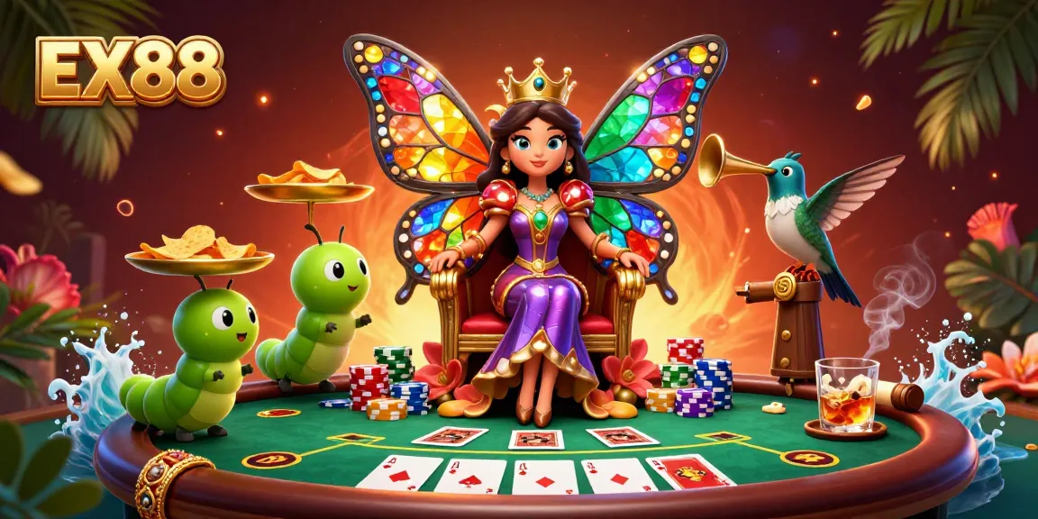 Engage with EX88's high-stakes poker scene featuring a butterfly queen and vibrant game elements.