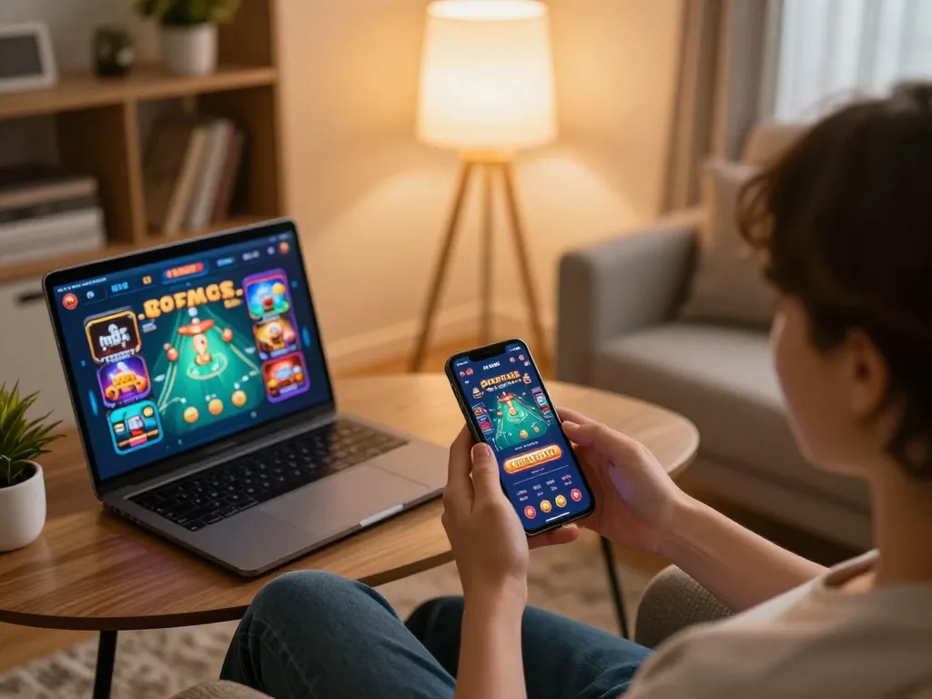 Enjoying a gaming session on the mu88 app with a smartphone, highlighting convenience and entertainment.