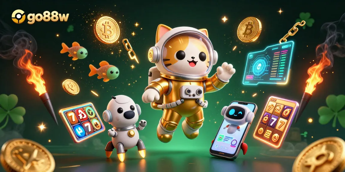 Experience go88w with a vibrant 3D scene featuring a space cat, dog, and alien fish gaming in a thrilling casino atmosphere.