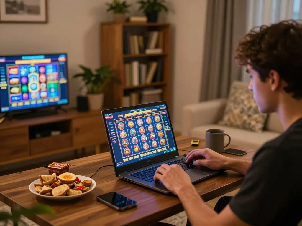 Player enjoying online slots at home with 68gamebaivn in a cozy atmosphere