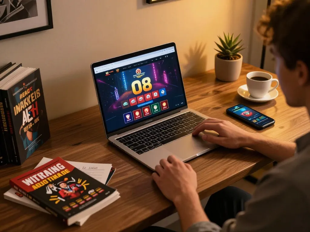 O8 gaming setup with laptop displaying casino interface and motivational notes for strategic gambling.