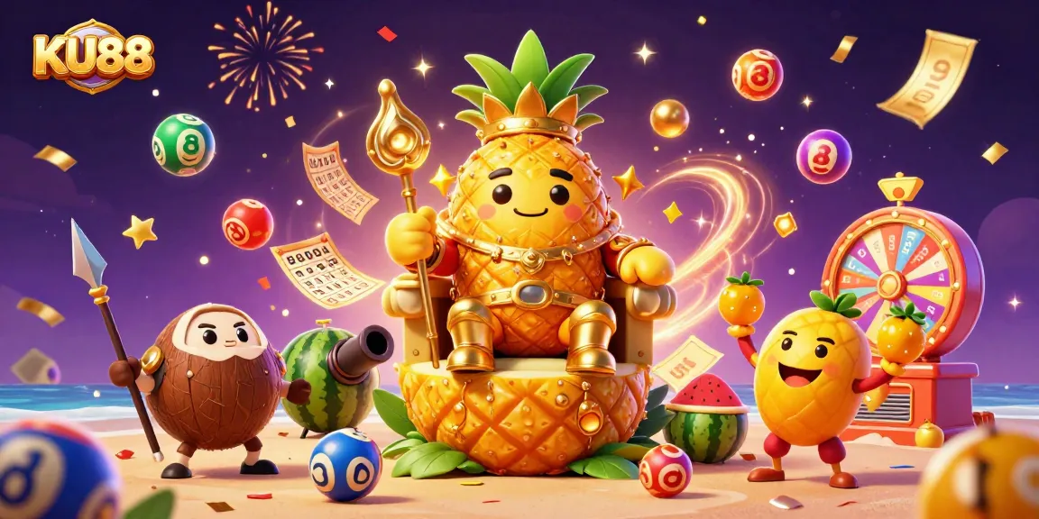 Engage with KU88's lively casino scene featuring a golden pineapple king amidst colorful lottery elements.