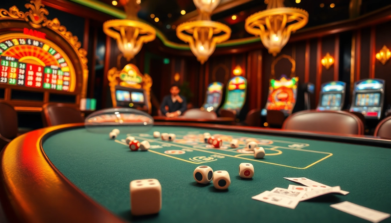 Kèo nhà cái 5 showcased in a vibrant casino scene with players at a poker table and roulette wheel.