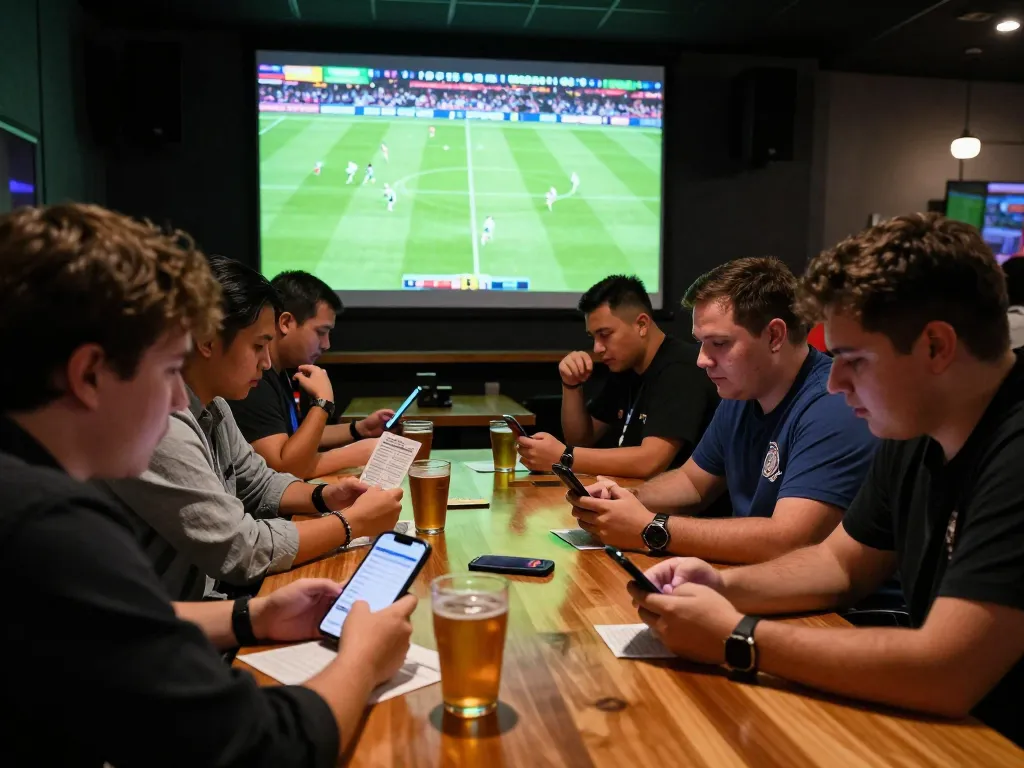 Engaged bettors watching a football match and reviewing kèo bóng đá analytics in a lively sports bar.