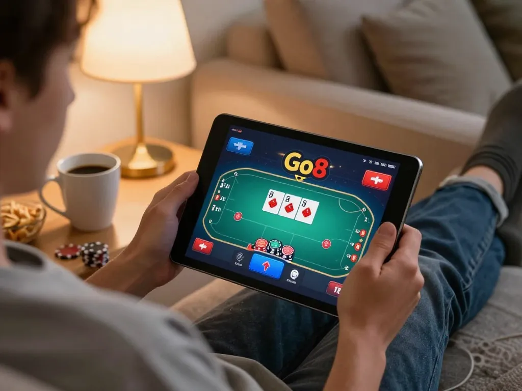 Engaging in online poker at Go8 casino from home, showcasing the enjoyment of strategic gameplay.