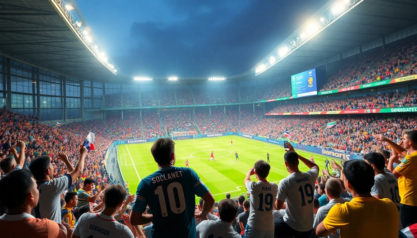 Bongdanet showcases an electric football match atmosphere with fans cheering, players in action, and live updates.