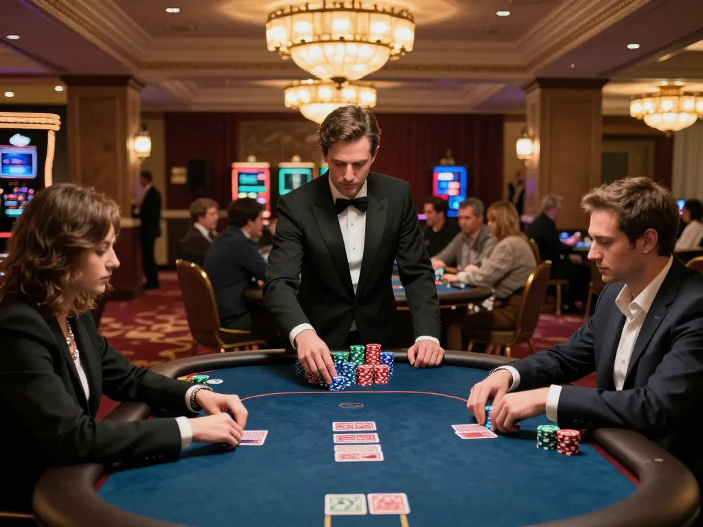 Players engage in high-stakes poker at a RED88 casino table, showcasing strategy and intensity.