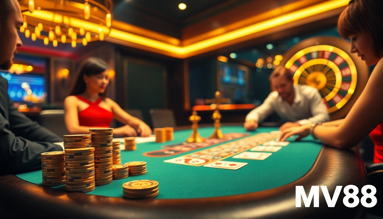 Experience luxury gaming with MV88 at an exciting poker table scene.