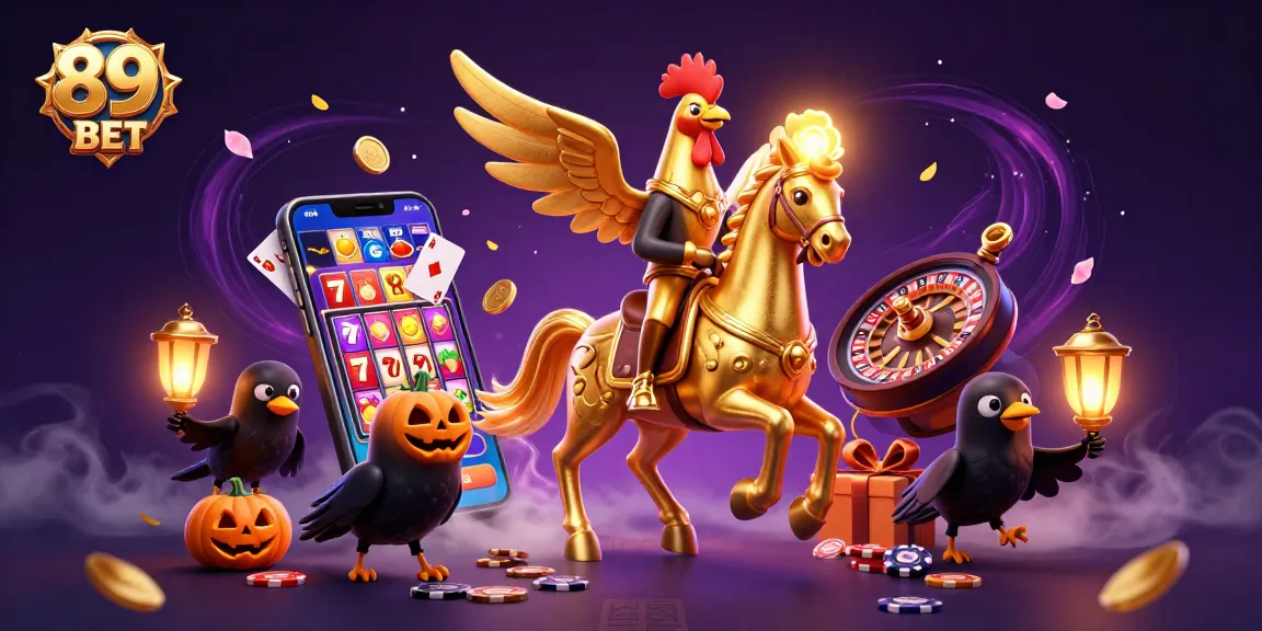 Engage in thrilling gameplay with 89BET as golden rooster and friends explore a vibrant casino scene.
