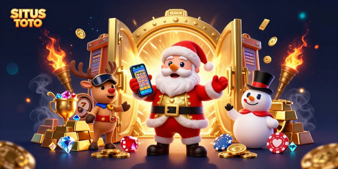SITUS TOTO jackpot game illustration with Santa and casino elements celebrating big wins.