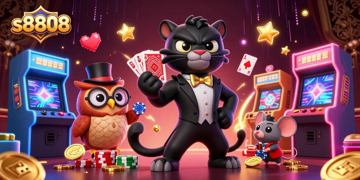 Engage in the excitement of s8808 as a stylish black panther deals cards among vibrant casino elements.