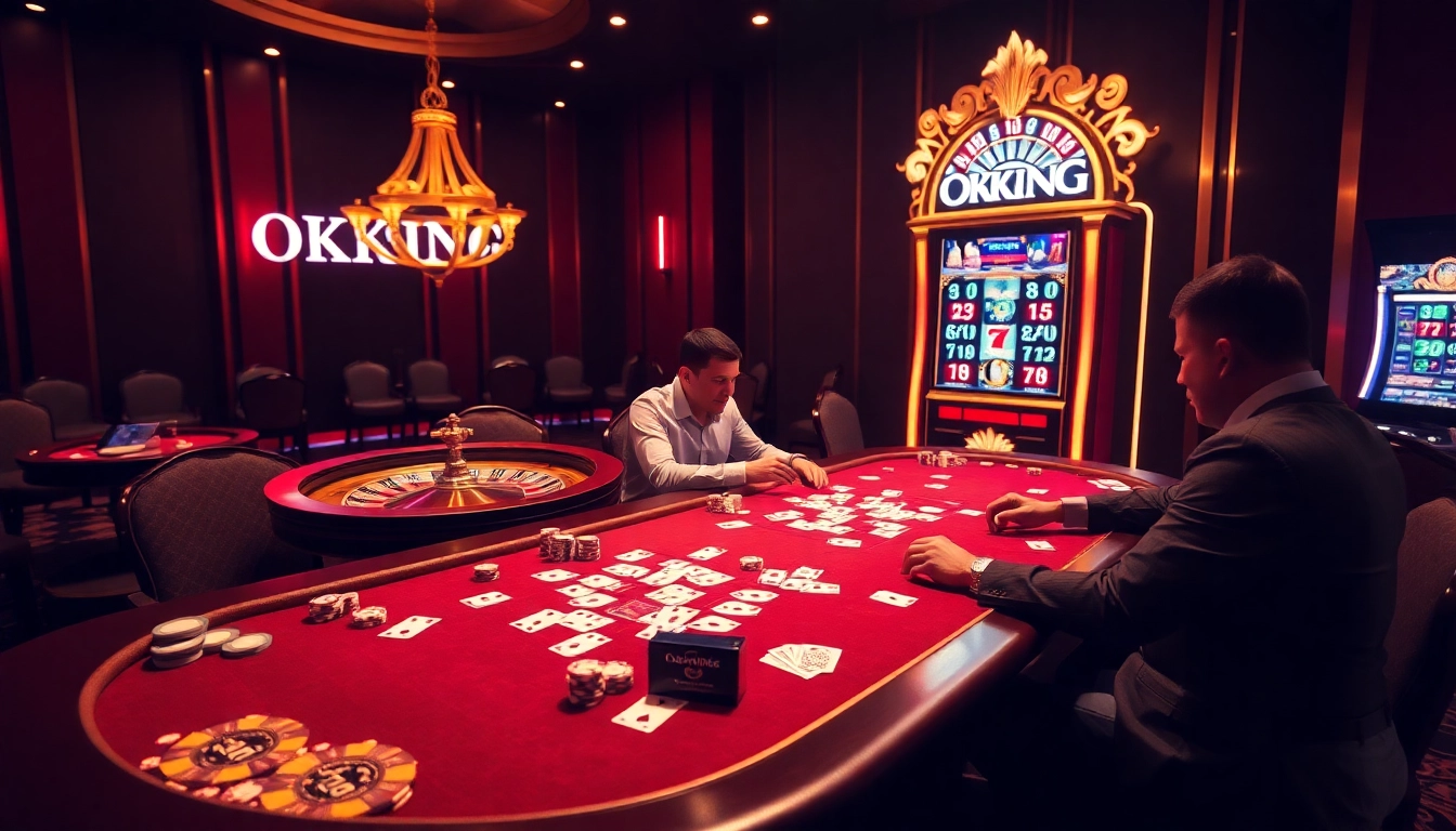 Players enjoying a thrilling game at OKKING casino with vibrant atmosphere