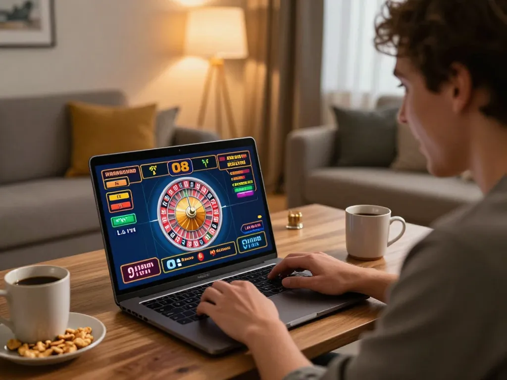 Player engaging in O8 online casino gameplay at home, centered on excitement of virtual roulette.