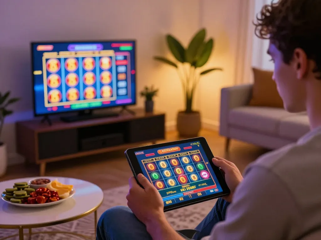 Player engaging with 999E slot interface on tablet in cozy home setting, showcasing online gambling experience.