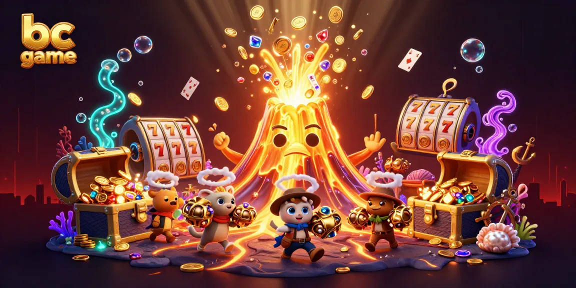 Engage with the bc game universe featuring vibrant casino elements and a triumphant volcano.