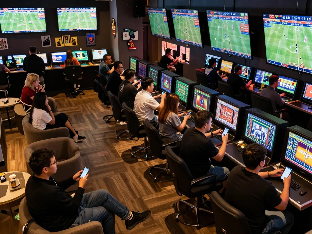MAY88 enthusiasts engaged in live sports betting, vibrant lounge atmosphere with multiple screens.