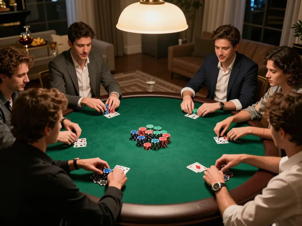 Friends enjoying an engaging poker night at home, showcasing strategic gameplay with XX88 poker chips and warm ambiance.