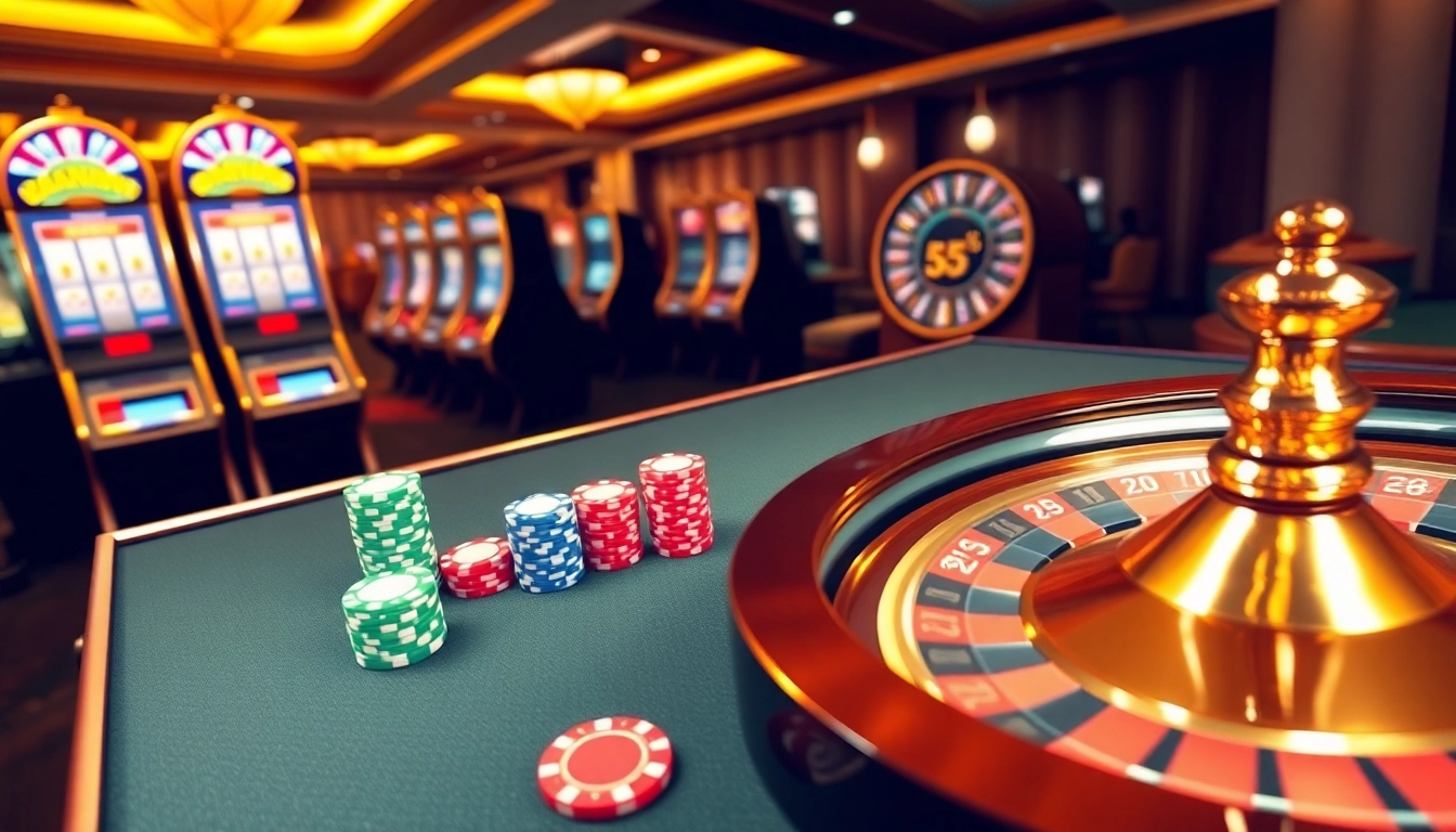 555win offers an exhilarating view of vibrant casino chips and slot machines, highlighting thrilling gaming action.