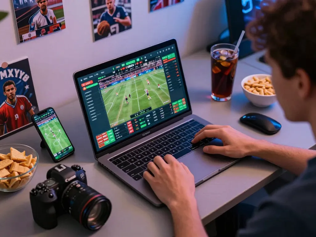 Engaging sports betting moments at JUN88 with live betting interface and snacks.
