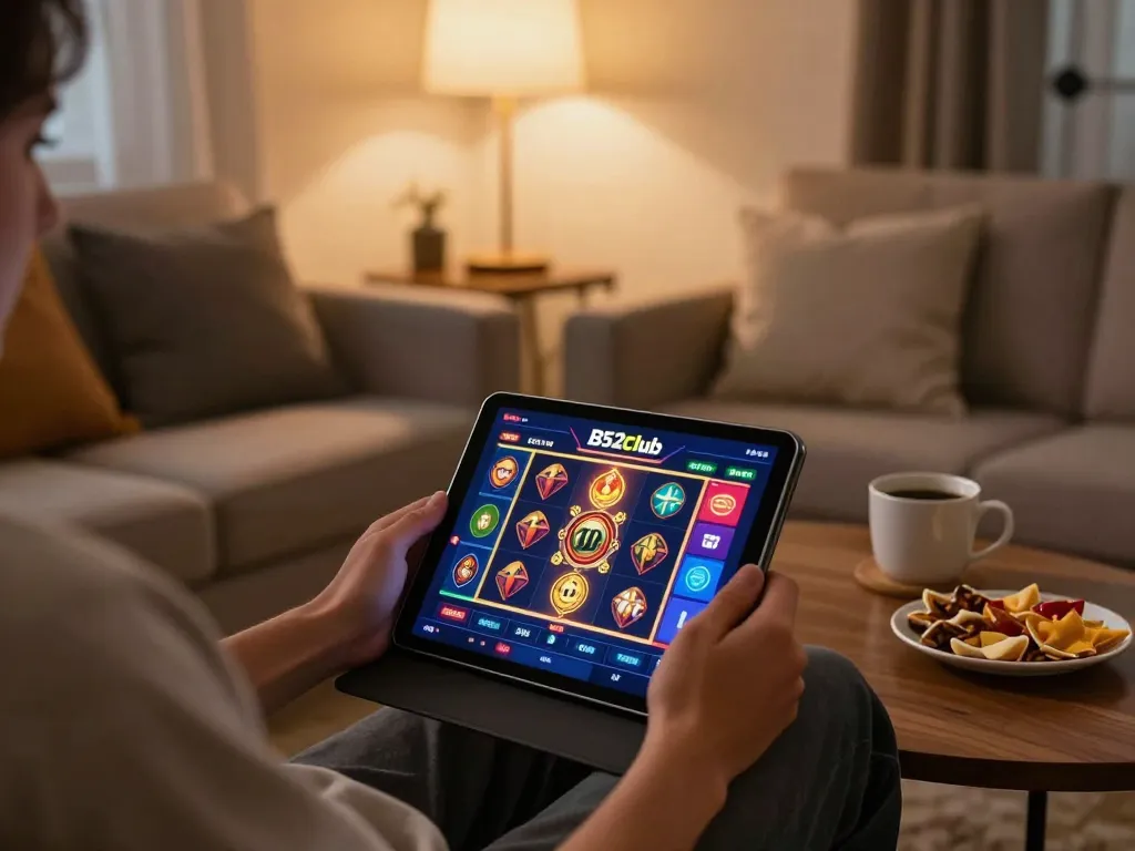 B52club user enjoying an exciting slot game on a tablet in a cozy home environment.