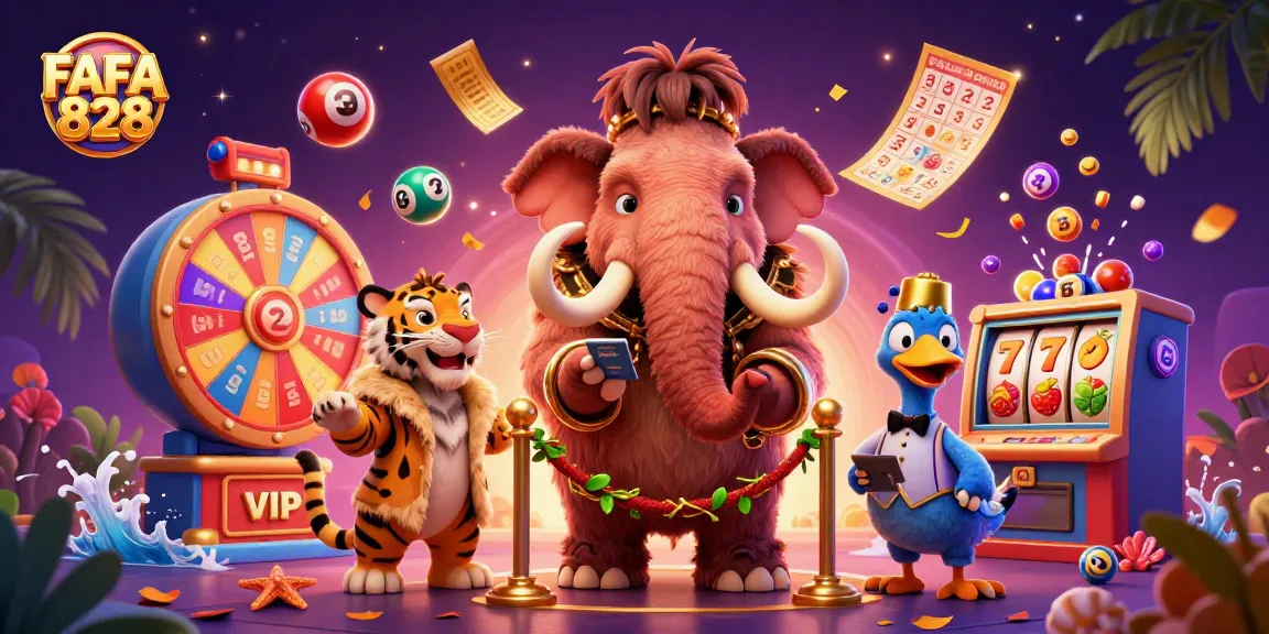 Experience the excitement at FAFA 828 with vibrant lottery elements and cartoon characters in a lively casino scene.