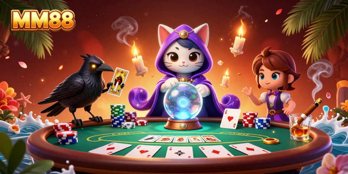 Engage with MM88's vibrant gambling scene featuring a mystic cat, tarot raven, poker elements, and dynamic visuals.