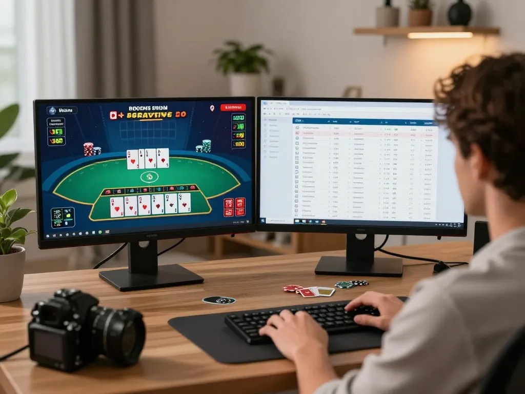 Playing AX88 live dealer blackjack with strategy guide open in a modern home office