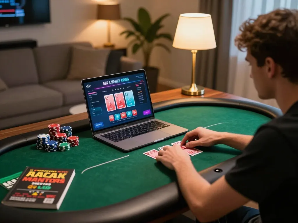 Engaging hm88 online poker session with player focused on gaming strategy and cozy home setting.
