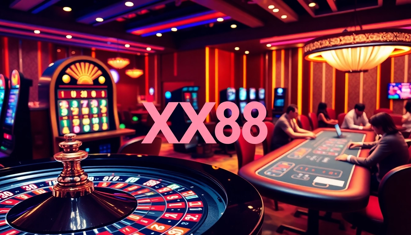 Experience the thrill of XX88 casino with vibrant roulette and poker tables filled with action.