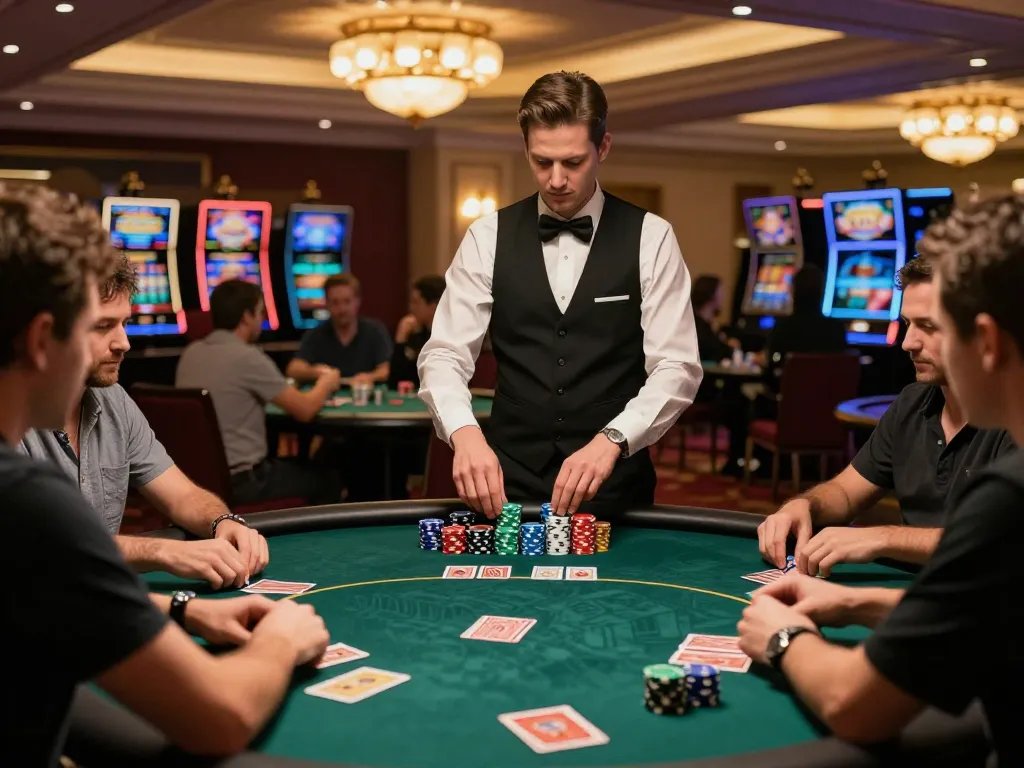 Players engage at a competitive poker table showcasing thrilling strategies in a nhà cái uy tín casino.