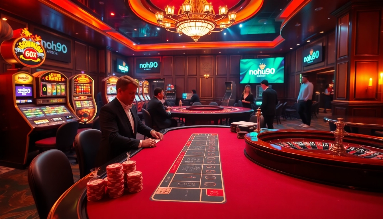 Exciting gaming scene at nohu90 casino with vibrant slot machines and elegant blackjack tables.
