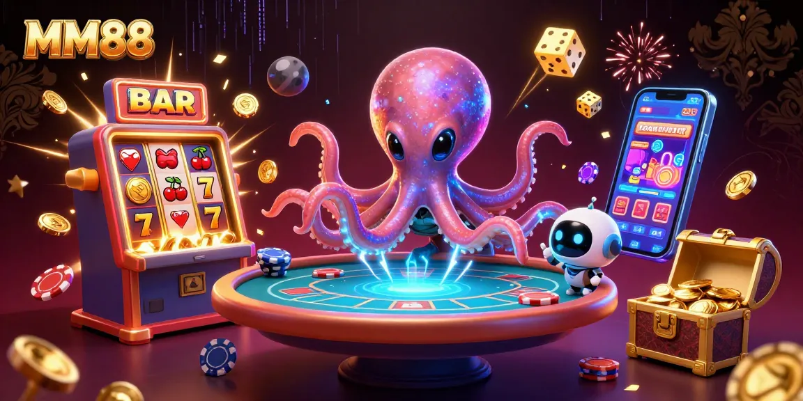 MM88 casino scene with alien octopus dealing cards and jackpot symbols bursting around