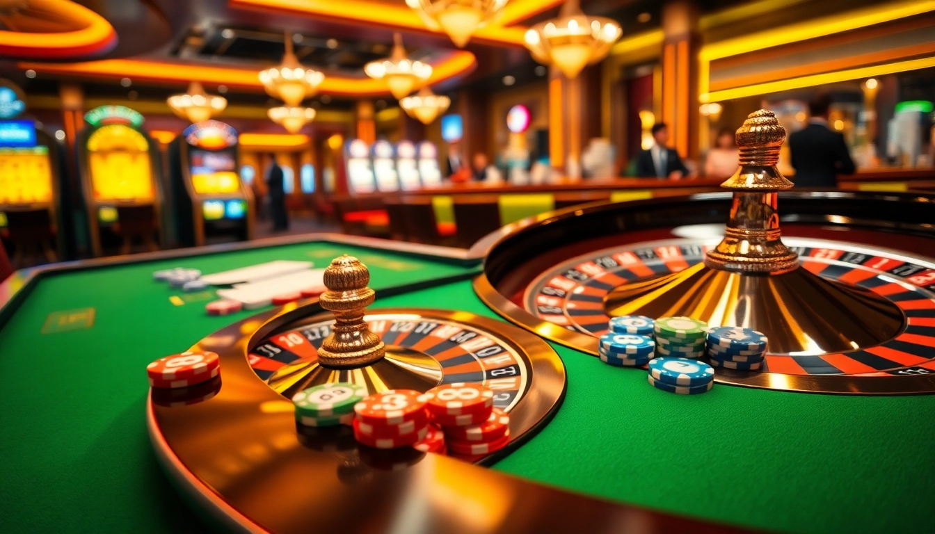 Experience the thrill of iq88 as players engage at an elegant casino table with vibrant poker chips and a roulette wheel.