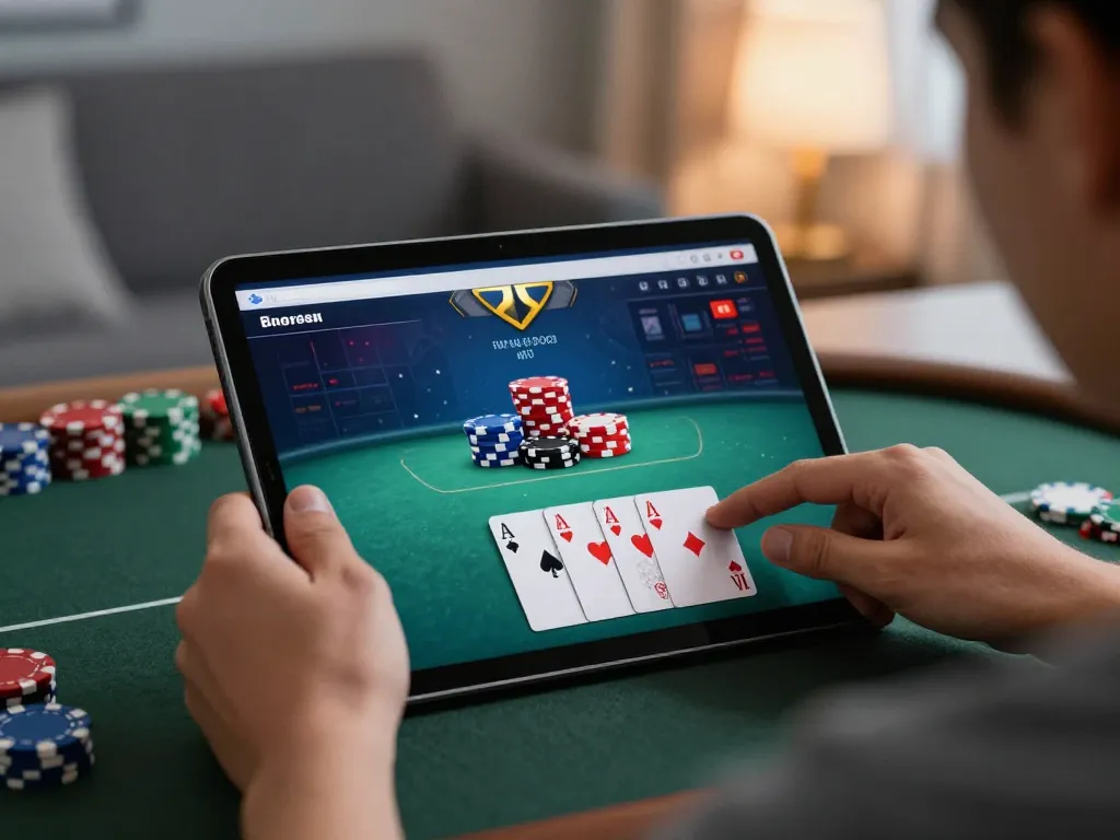 Engaging gameplay on the tablet using https://www.mnm88.com/ showcasing a poker game in a cozy home setting.