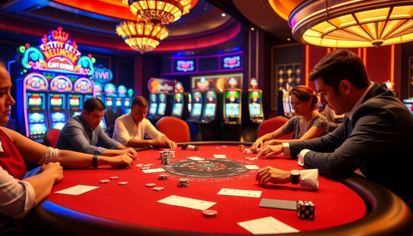 Players enjoying high-stakes poker at 888VI's vibrant casino, with chips and colorful slot machines.