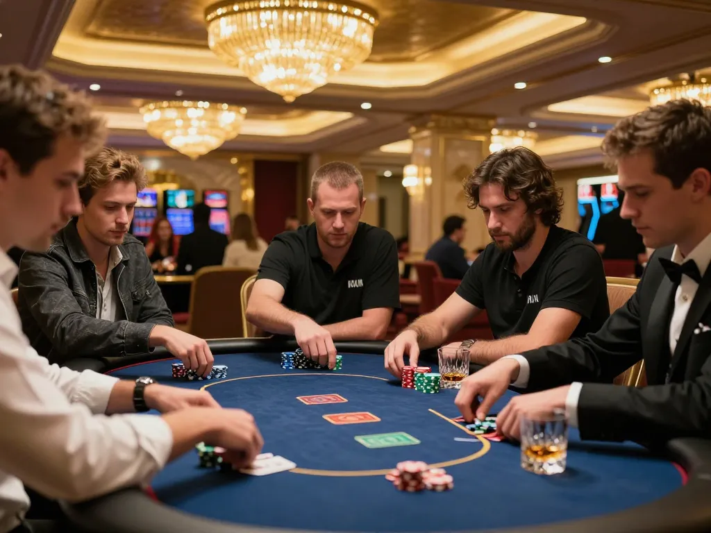 Players engaging in a high-stakes poker game at a tg88 VIP casino table under warm ambient lighting.