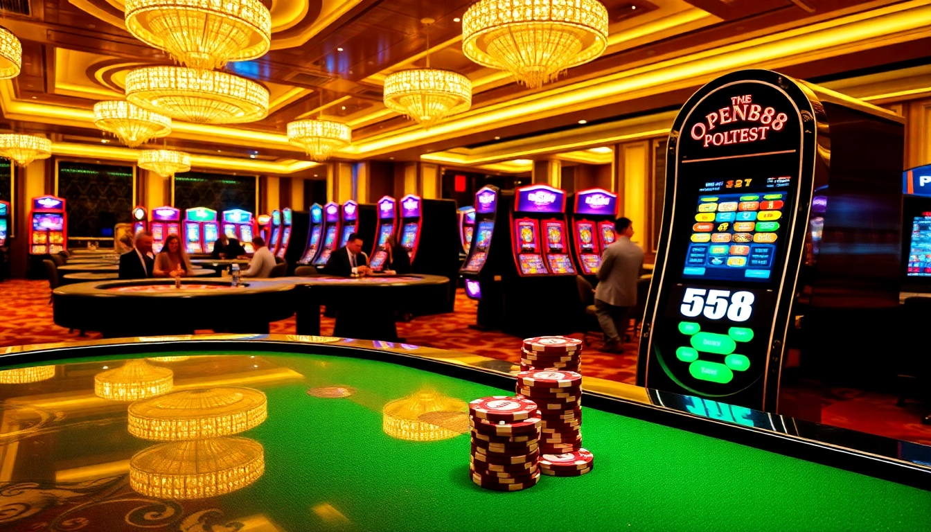 Excited gamblers playing on the OPEN88 slot machine in a luxurious casino setting.