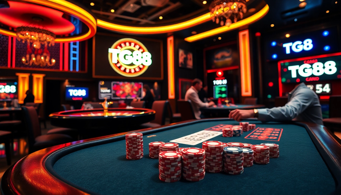 TG88 poker players enjoying high-stakes games at a luxurious casino table.